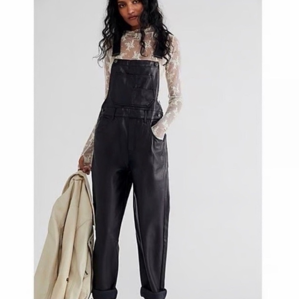 Free People We The Free Size Small Black Faux Leather Overalls Relaxed Boho